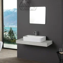 Lavabo da Appoggio Squadrato in Ceramica Bianca e Foro Rubinetteria - Aster