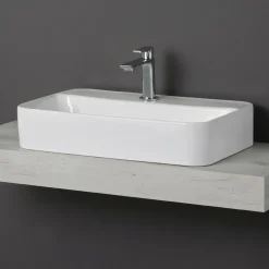 Lavabo da Appoggio Squadrato in Ceramica Bianca e Foro Rubinetteria - Aster