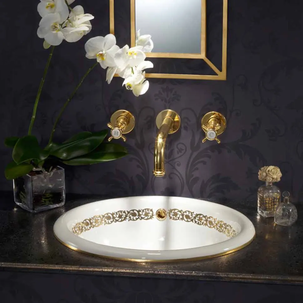 Lavabo da bagno a incasso in fire clay e oro made in Italy, Otis