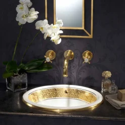 Lavabo da incasso tondo in fire clay e oro fatto in Italia, Otis