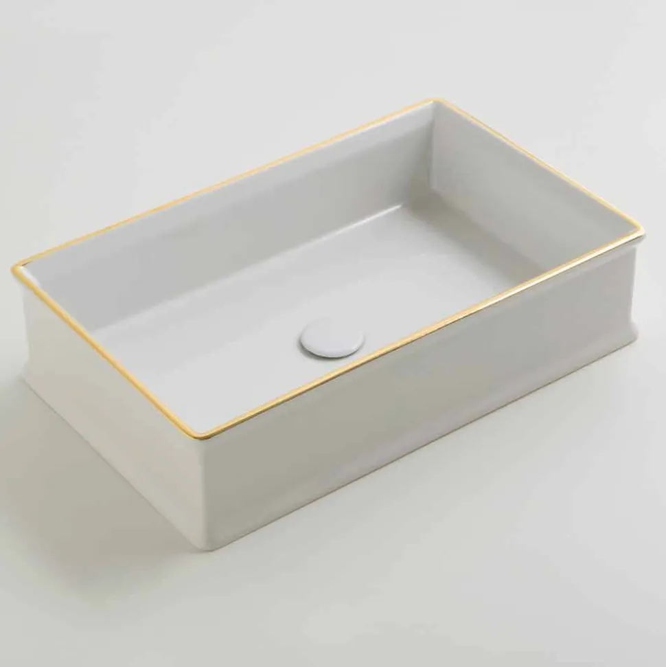 Lavabo di design da appoggio ceramica bordo oro made in Italy Debora
