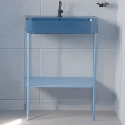 Lavabo in Ceramica con Struttura a Terra con Ripiano Made in Italy - Graffa