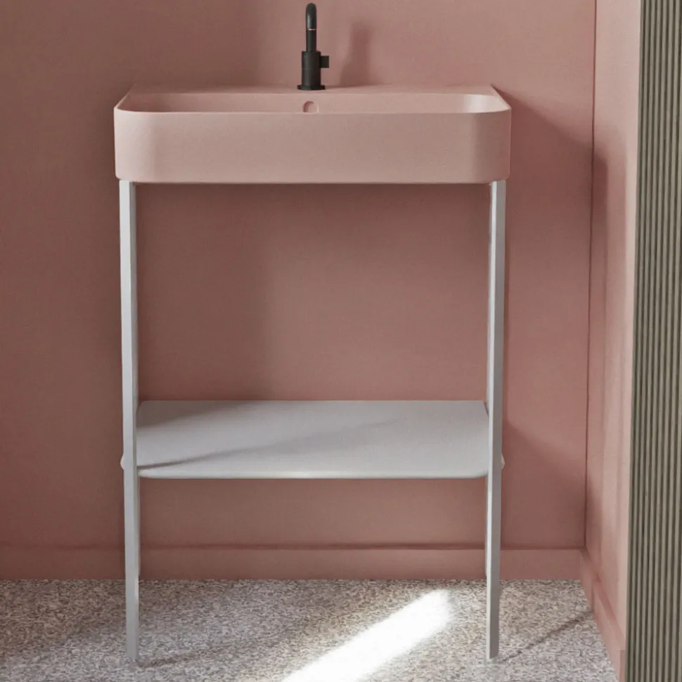 Lavabo in Ceramica con Struttura a Terra con Ripiano Made in Italy - Graffa