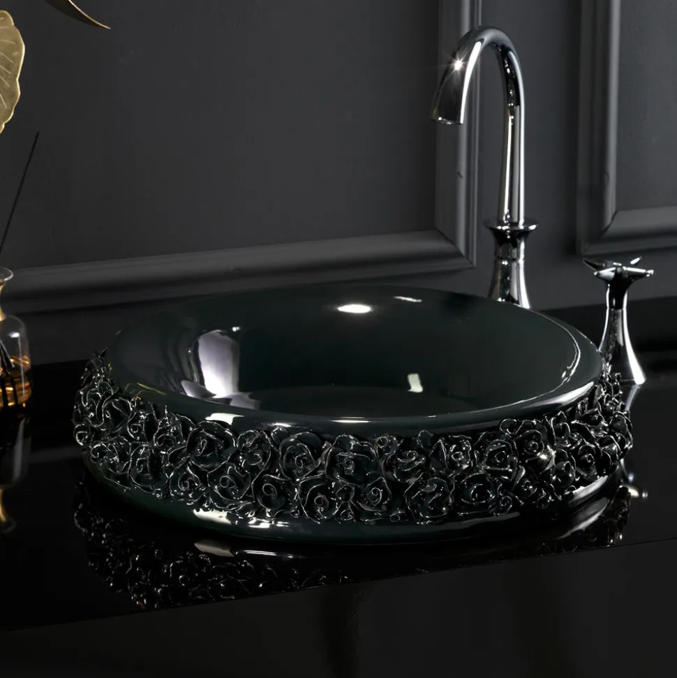 Lavabo in Porcellana con Petali Applicati a Mano Made in Italy - Amarone
