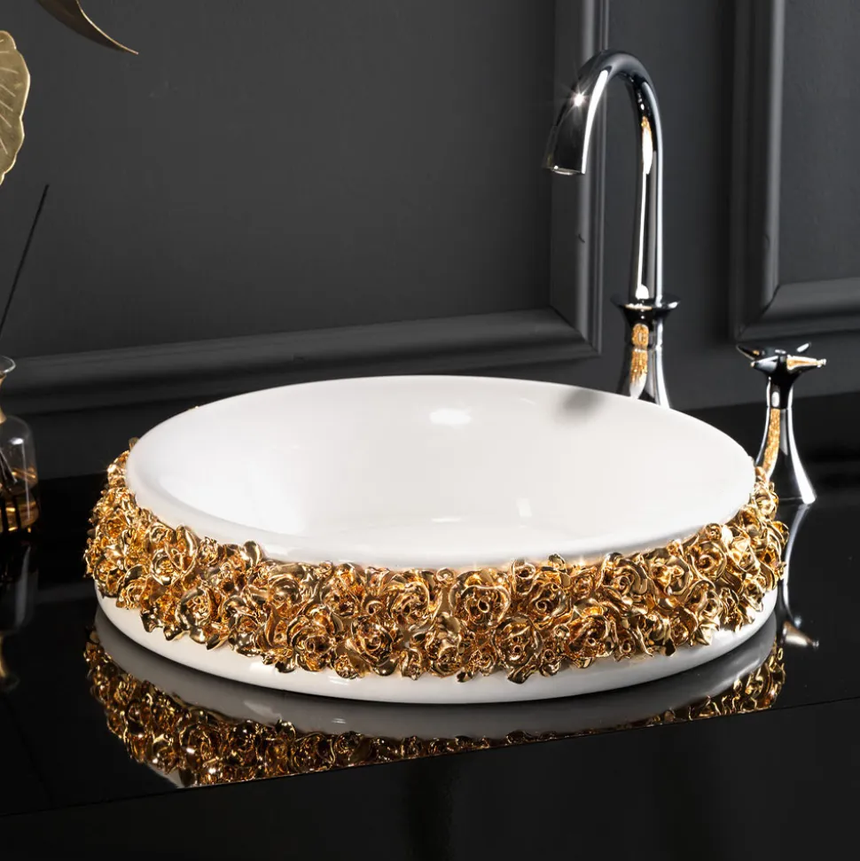Lavabo in Porcellana con Petali Applicati a Mano Made in Italy - Amarone
