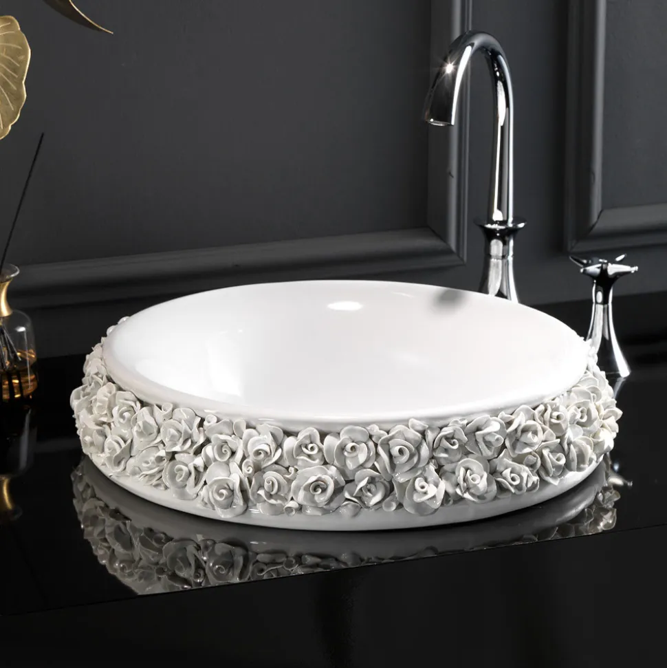 Lavabo in Porcellana con Petali Applicati a Mano Made in Italy - Amarone