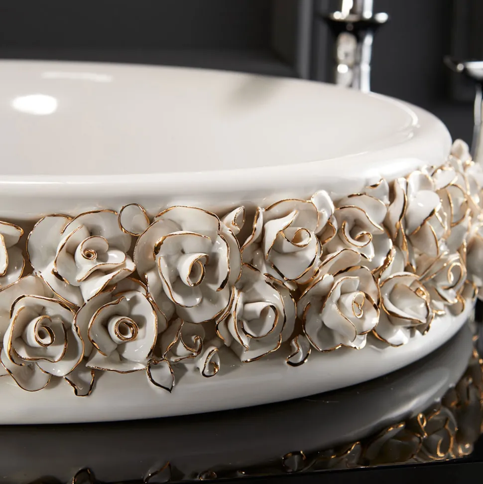 Lavabo in Porcellana con Petali Applicati a Mano Made in Italy - Amarone