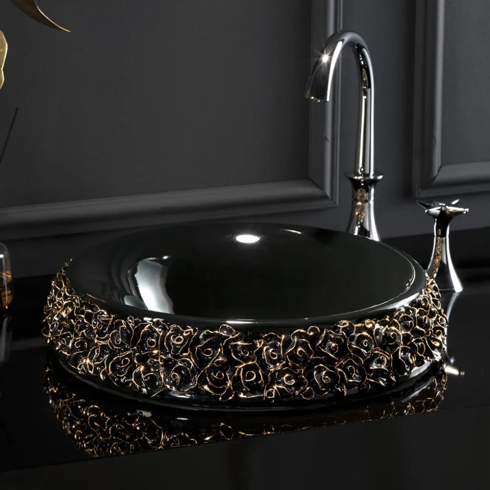 Lavabo in Porcellana con Petali Applicati a Mano Made in Italy - Amarone