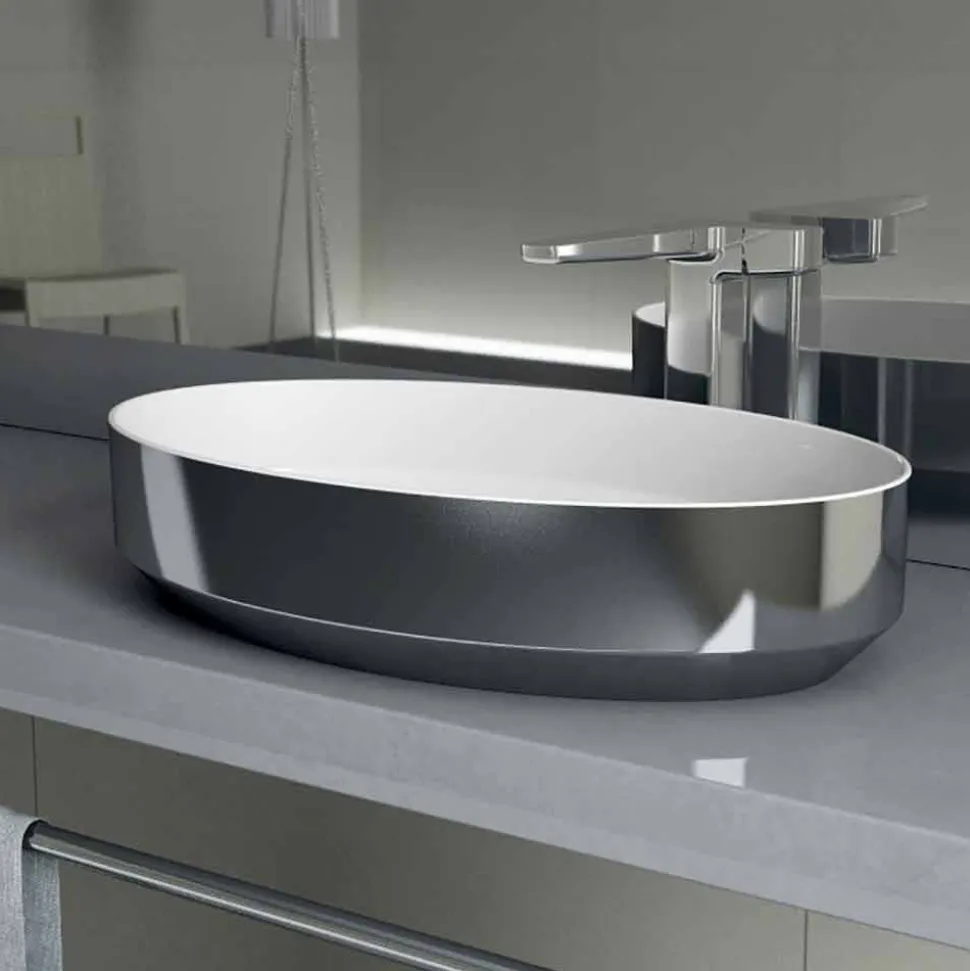 lavabo ovale da appoggio in ceramica di design made in Italy, Yoel