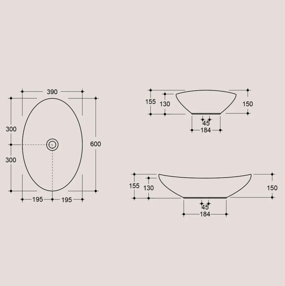 Lavabo Ovale da Appoggio in Ceramica L 60 cm Realizzato in Italia - Jumper