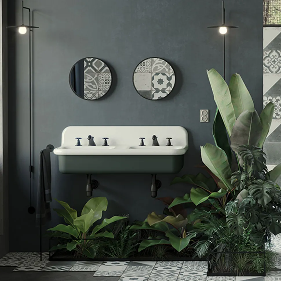 Lavabo per il Bagno Doppio con Struttura Rettangolare e in Ceramica - Kevin
