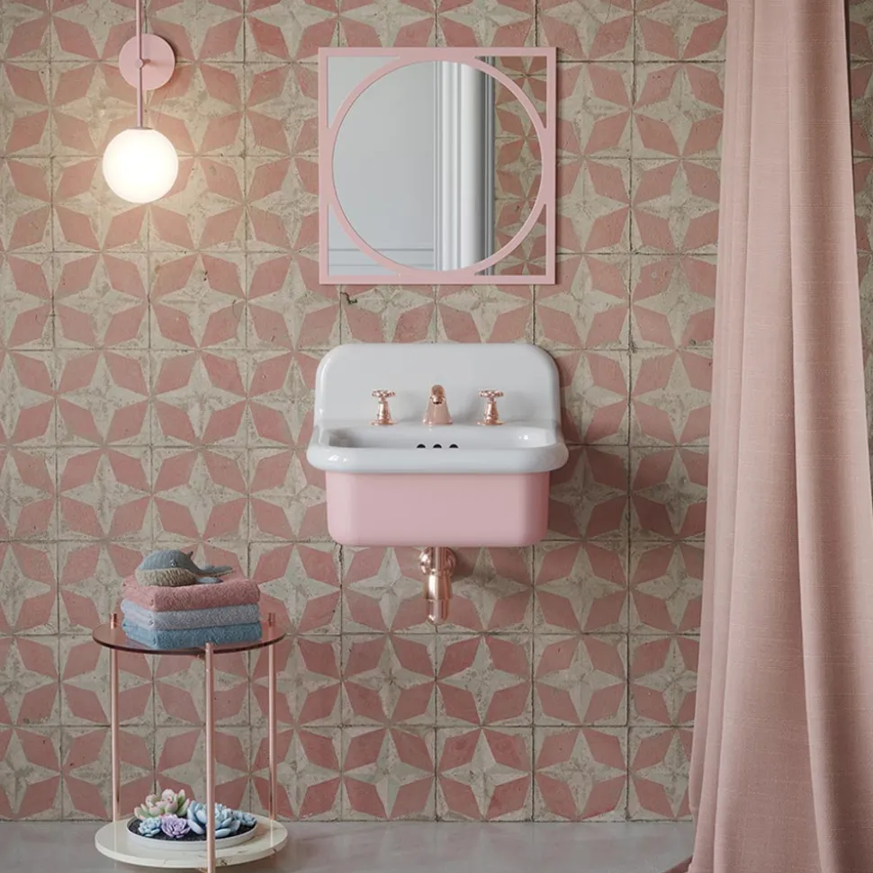 Lavabo per il Bagno Sospeso e in Ceramica Color Bianco e Rosa Confetto - Manila
