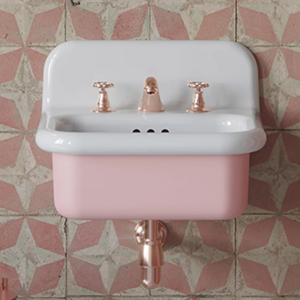 Lavabo per il Bagno Sospeso e in Ceramica Color Bianco e Rosa Confetto - Manila