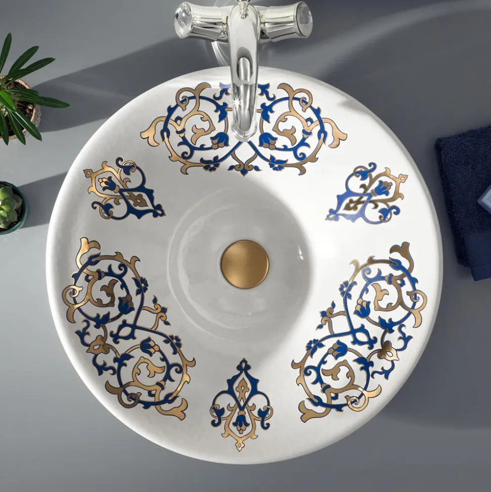 Lavabo Semincasso con Decori Blu Cobalto e Oro o Oro Made in Italy - Capatosta