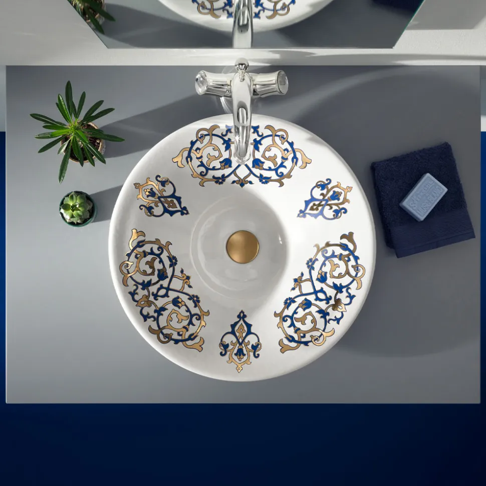 Lavabo Semincasso con Decori Blu Cobalto e Oro o Oro Made in Italy - Capatosta