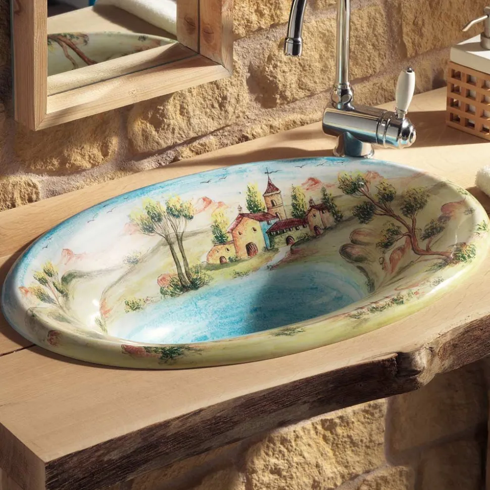 Lavabo Semincasso in Fire Clay con Paesaggio di Deruta Made in Italy - Principe