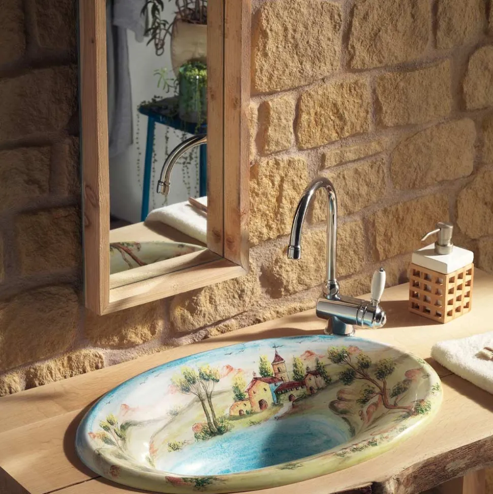 Lavabo Semincasso in Fire Clay con Paesaggio di Deruta Made in Italy - Principe