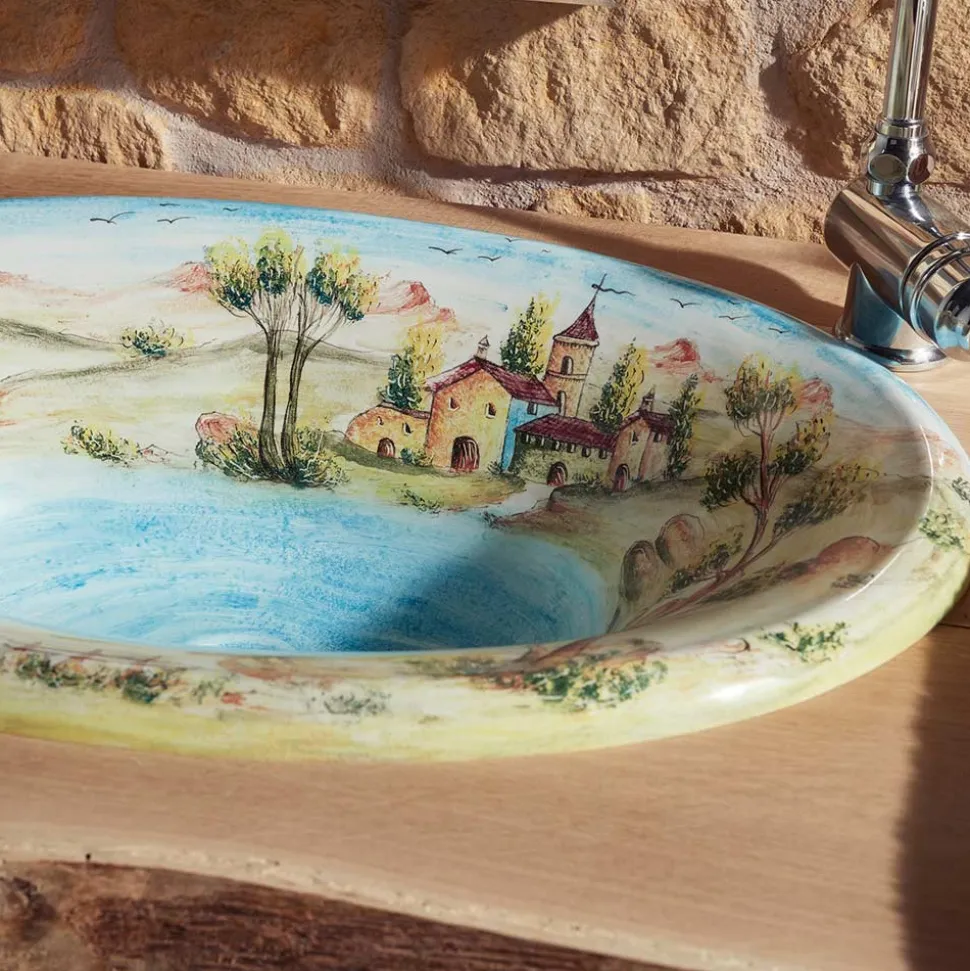 Lavabo Semincasso in Fire Clay con Paesaggio di Deruta Made in Italy - Principe