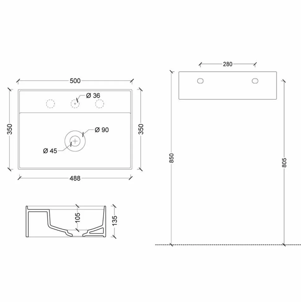 Lavabo sospeso in ceramica Sun 50x35 cm, diversi colori disponibili