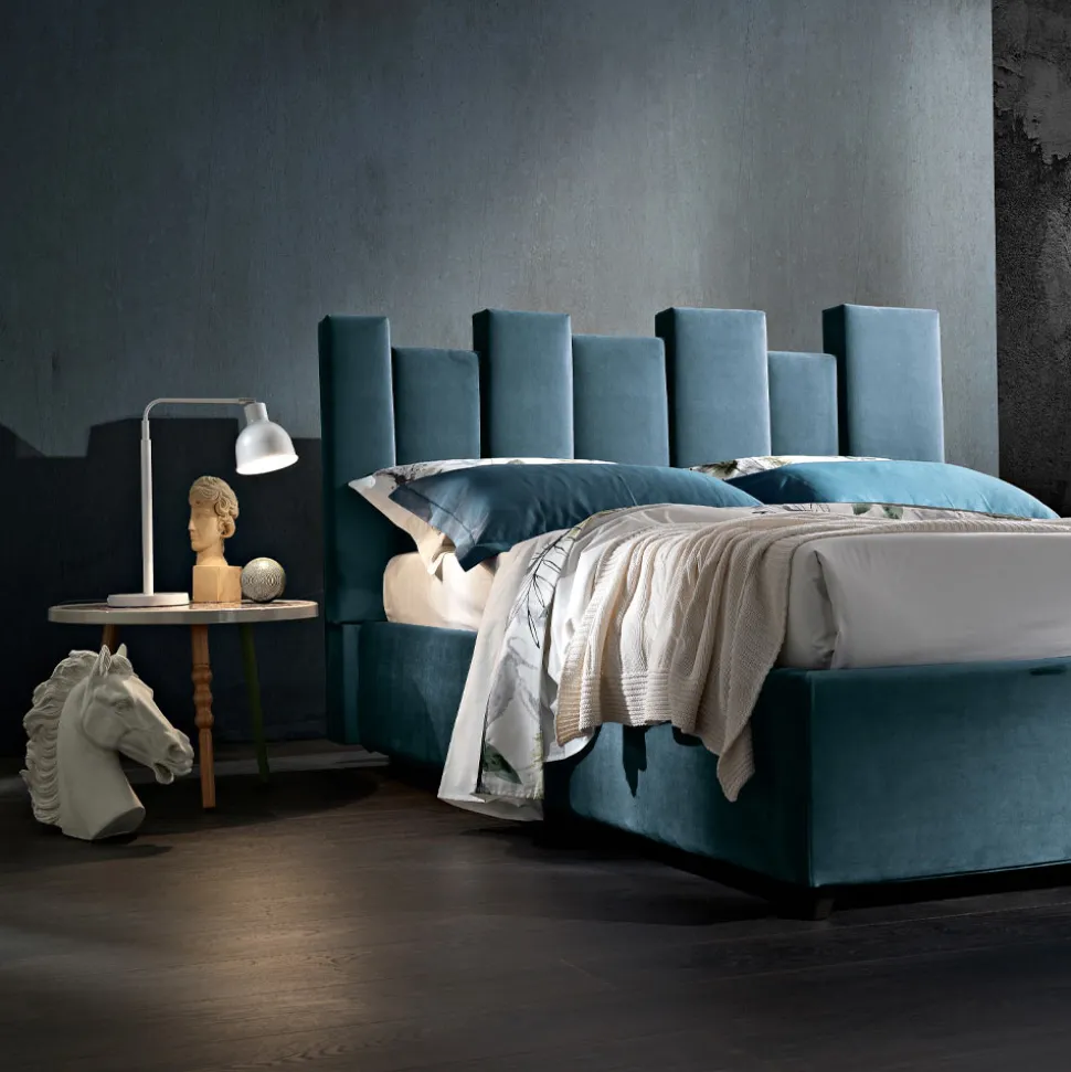 Letto Matrimoniale di Design Imbottito Moderno Blu o Grigio Alta Qualità - Kenzo