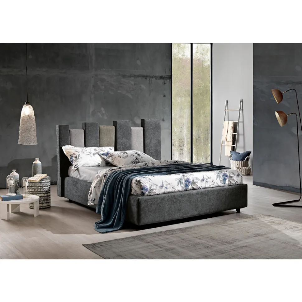 Letto Matrimoniale di Design Imbottito Moderno Blu o Grigio Alta Qualità - Kenzo
