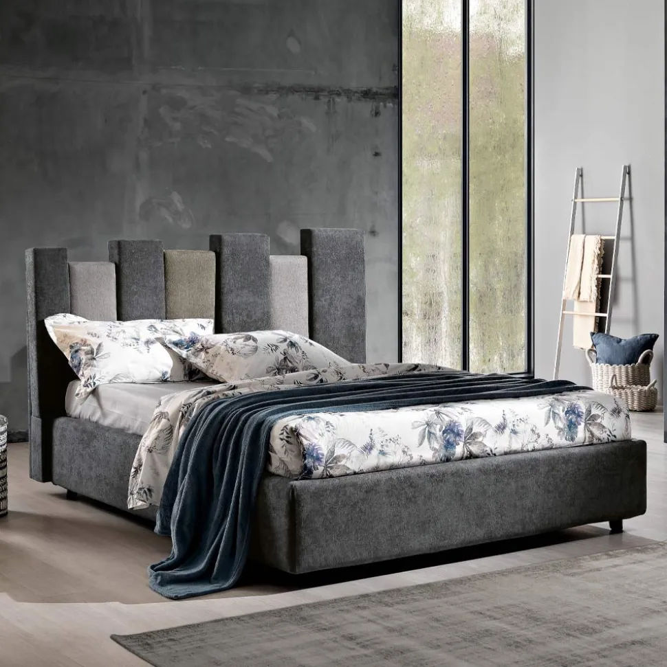 Letto Matrimoniale di Design Imbottito Moderno Blu o Grigio Alta Qualità - Kenzo