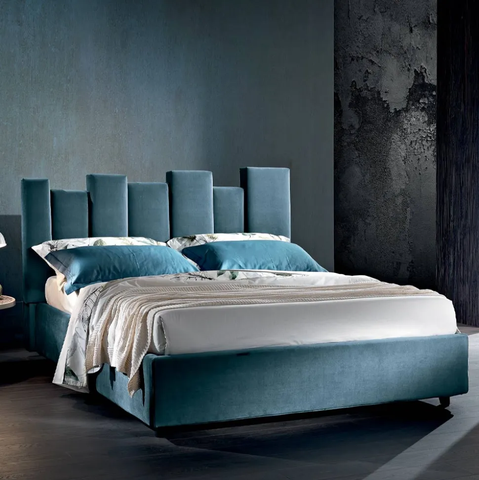 Letto Matrimoniale di Design Imbottito Moderno Blu o Grigio Alta Qualità - Kenzo