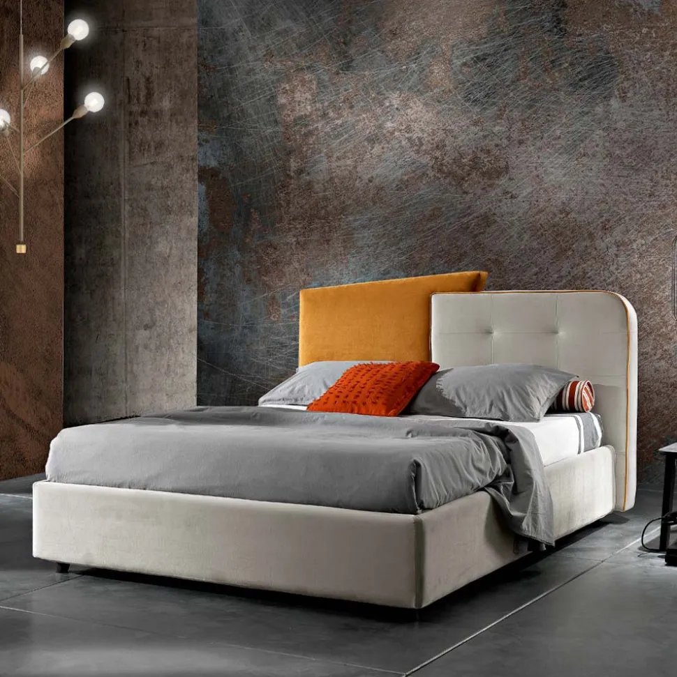 Letto Matrimoniale Moderno Design in Velluto Grigio e Arancione - Plorifon