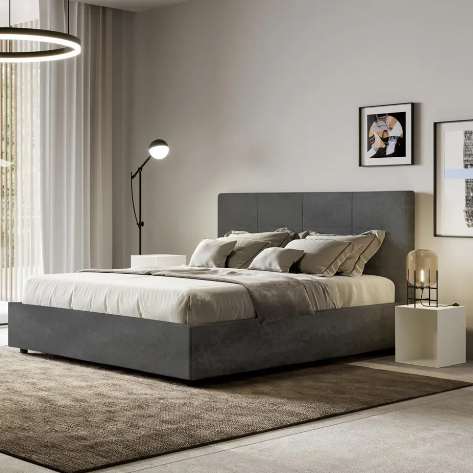 Letto 160x200 cm con Testata a Rettangoli in Microfibra Made in Italy - Brina