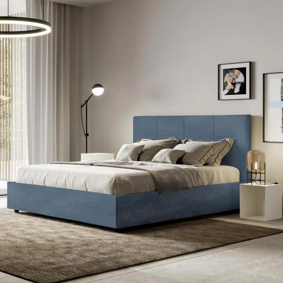 Letto 160x200 cm con Testata a Rettangoli in Microfibra Made in Italy - Brina