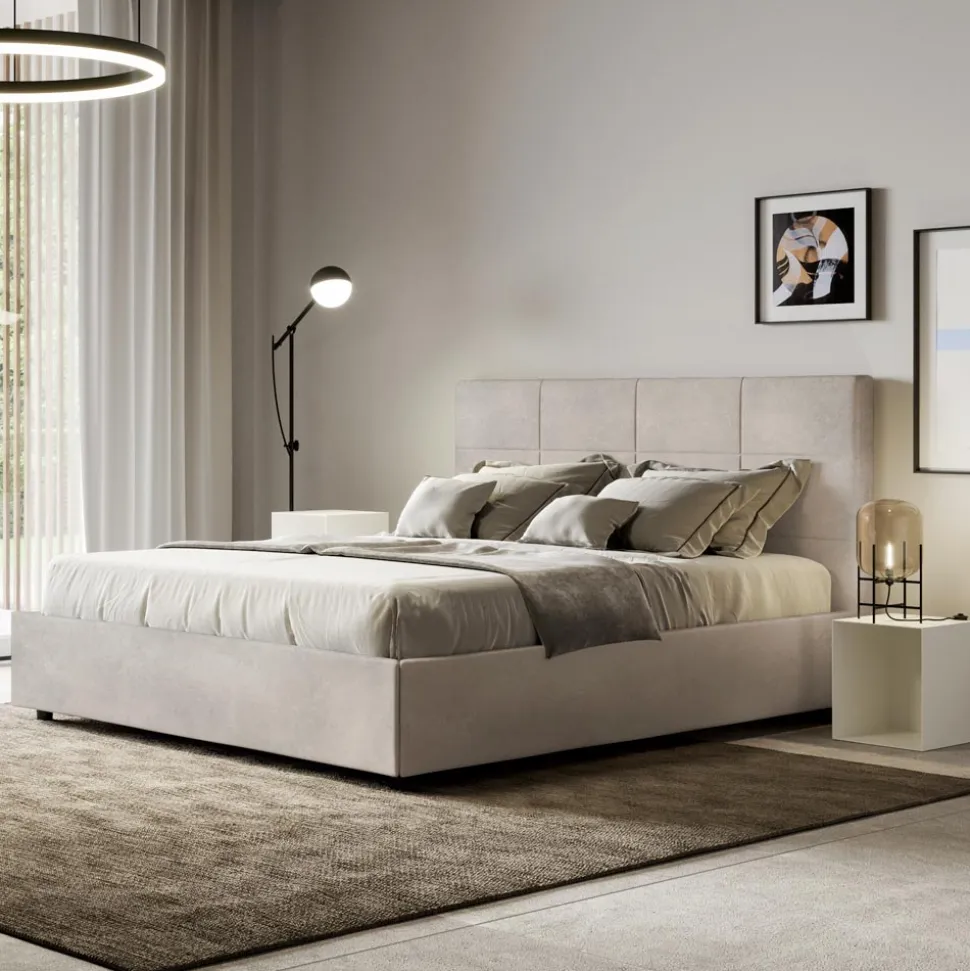 Letto 160x200 cm con Testata a Rettangoli in Microfibra Made in Italy - Brina