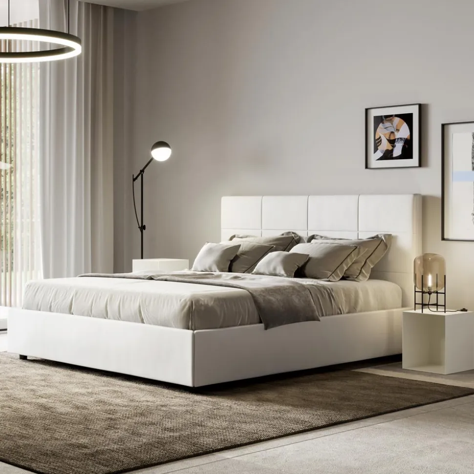 Letto 160x200 cm con Testata a Rettangoli in Similpelle Made in Italy - Brina