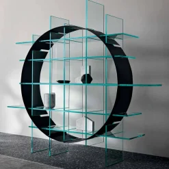 Libreria Freestanding a Cerchio in Vetro Extrachiaro e Nero Spazzolato - Marco