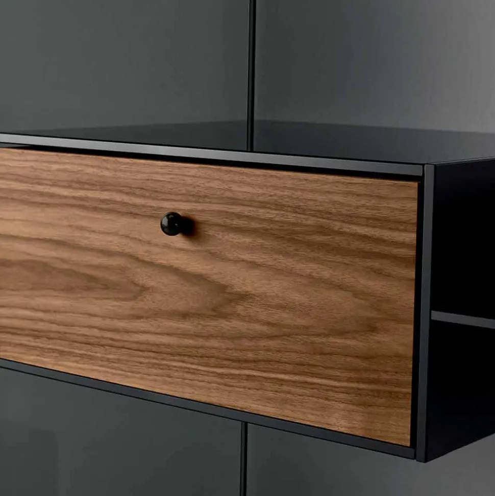 Libreria in Vetro Fumè con Cassetto Legno Noce Canaletto Design Italiano - Linzy