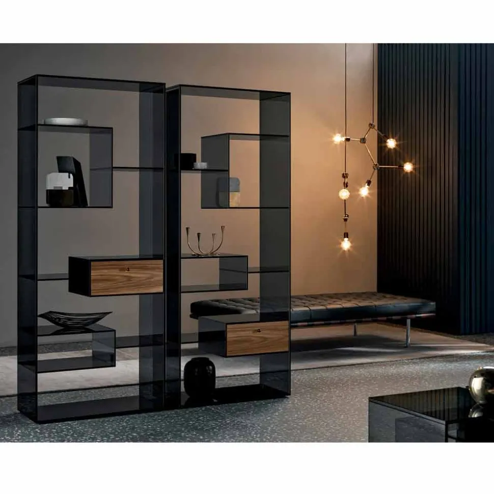 Libreria in Vetro Fumè con Cassetto Legno Noce Canaletto Design Italiano - Linzy