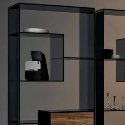Libreria in Vetro Fumè con Cassetto Legno Noce Canaletto Design Italiano - Linzy