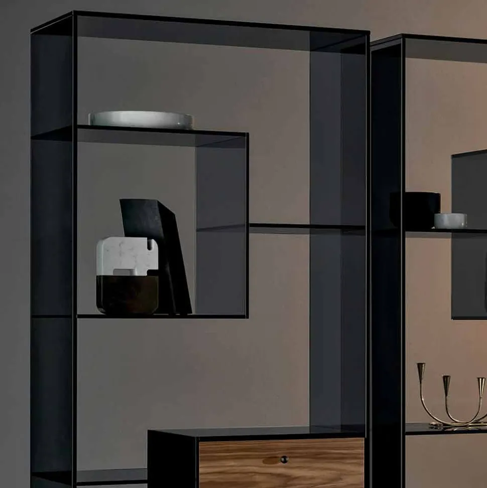 Libreria in Vetro Fumè con Cassetto Legno Noce Canaletto Design Italiano - Linzy