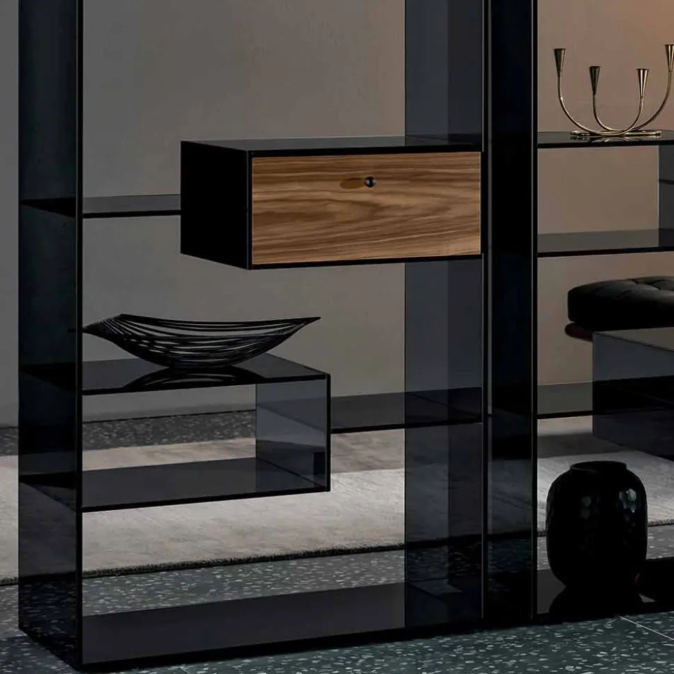 Libreria in Vetro Fumè con Cassetto Legno Noce Canaletto Design Italiano - Linzy