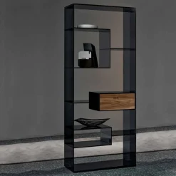 Libreria in Vetro Fumè con Cassetto Legno Noce Canaletto Design Italiano - Linzy