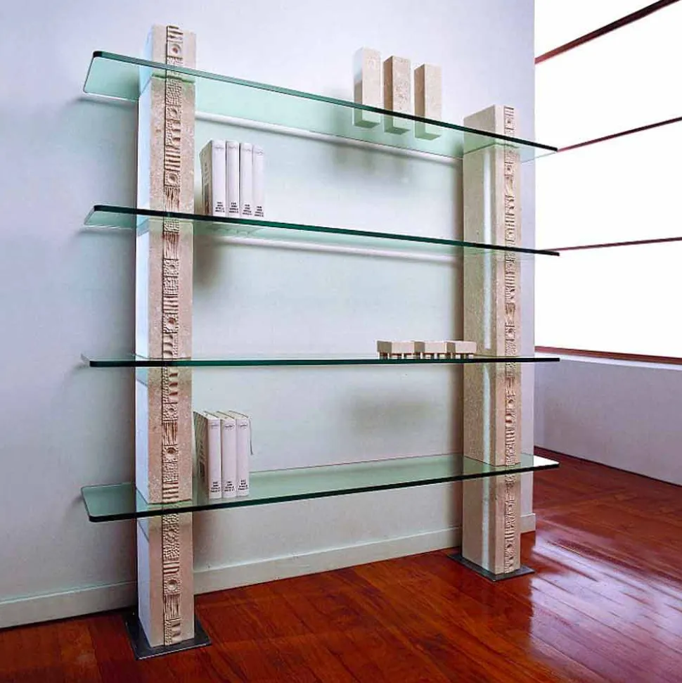 Libreria modulare Pietra di Vicenza scolpita a mano e cristallo Galene