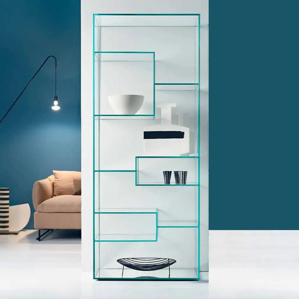 Libreria Salotto in Vetro Extrachiaro con o senza Cassetti Made in Italy- Linzy