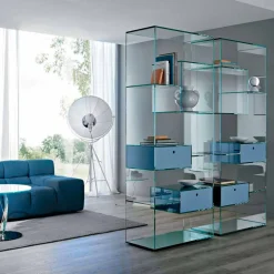 Libreria Salotto in Vetro Extrachiaro con o senza Cassetti Made in Italy- Linzy