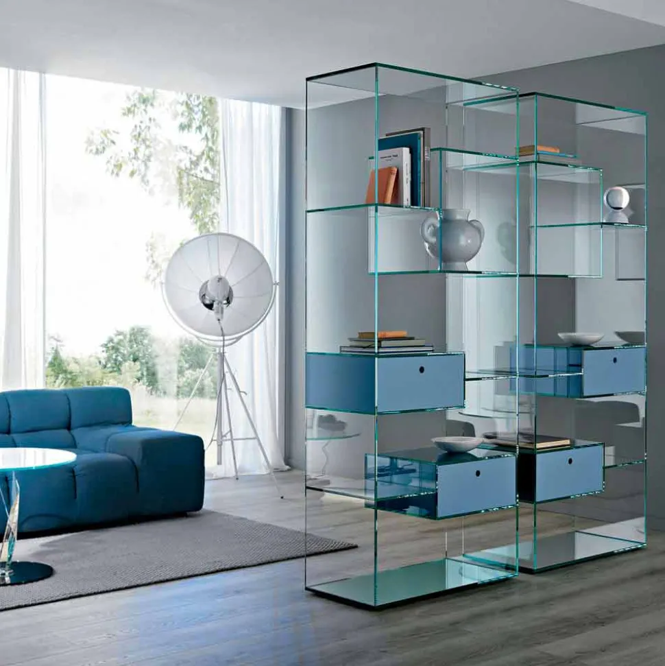 Libreria Salotto in Vetro Extrachiaro con o senza Cassetti Made in Italy- Linzy