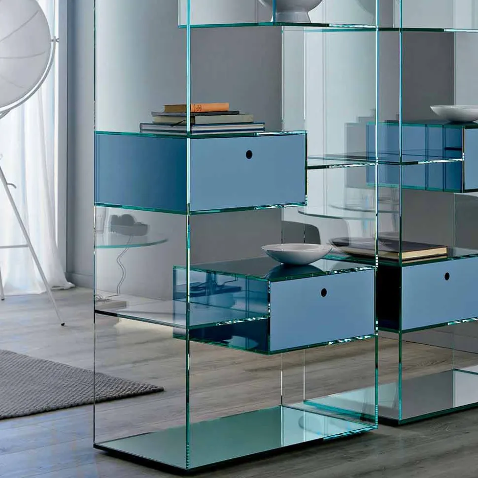 Libreria Salotto in Vetro Extrachiaro con o senza Cassetti Made in Italy- Linzy