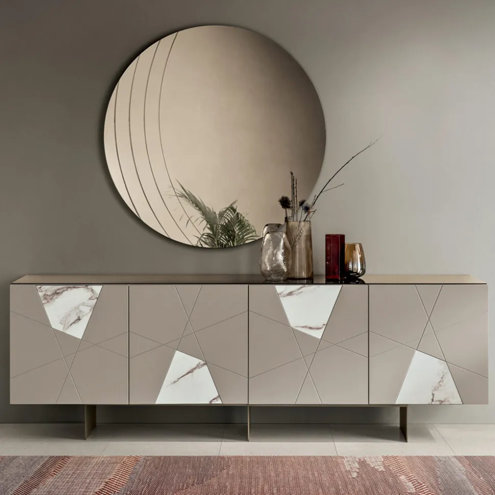 Madia con 4 Ante in MDF Laccato Pantografate e Inserti in Vetro Effetto Marmo - Danila