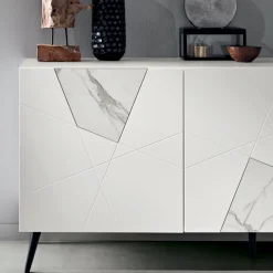 Madia con 3 Ante in MDF Laccato Pantografate e Inserti in Vetro Effetto Marmo - Danila