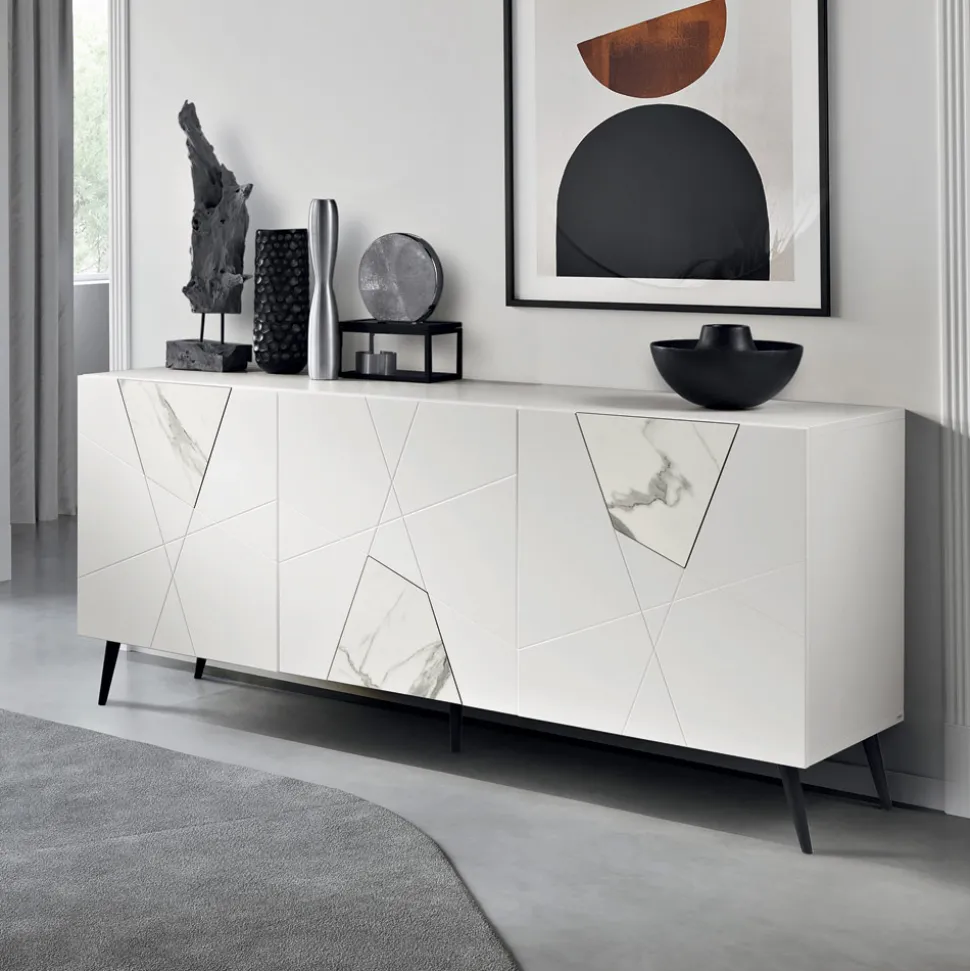 Madia con 3 Ante in MDF Laccato Pantografate e Inserti in Vetro Effetto Marmo - Danila