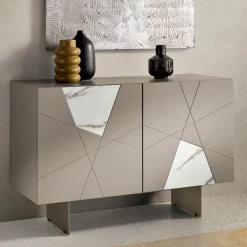 Madia con 2 Ante in MDF Laccato Pantografate e Inserti in Vetro Effetto Marmo - Danila