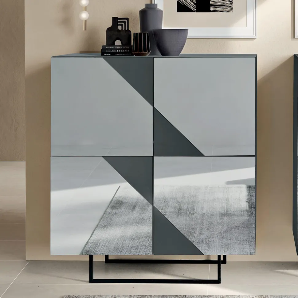 Madia con 4 Ante in MDF Laccato Rivestite in Vetro Specchio - Diletta