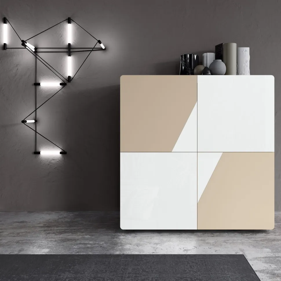 Madia da Salotto con 4 Ante in Finitura White Glass e Visone Made in Italy - Eva